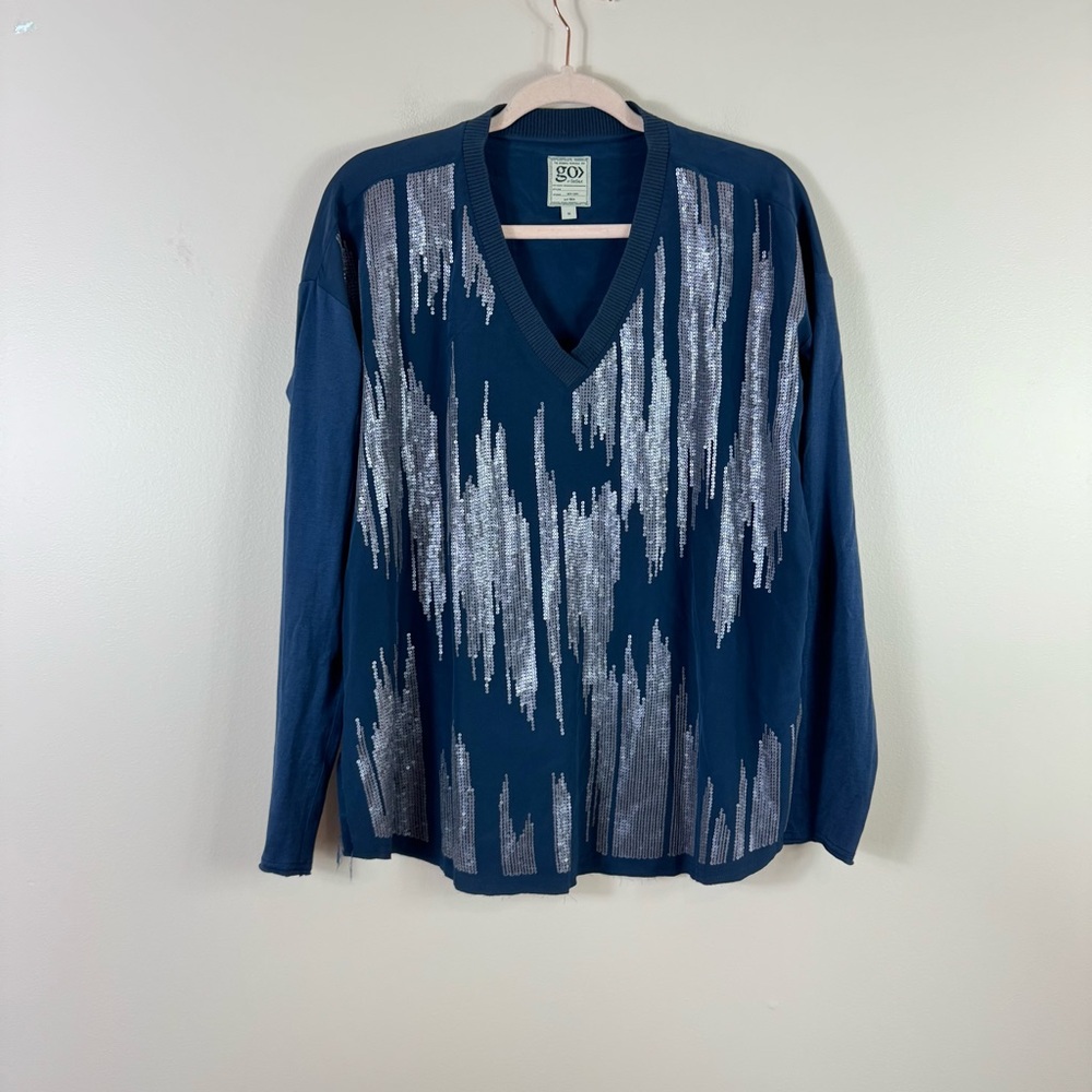 GO SILK womens size M blue sequined v neck long sleeve blouse
